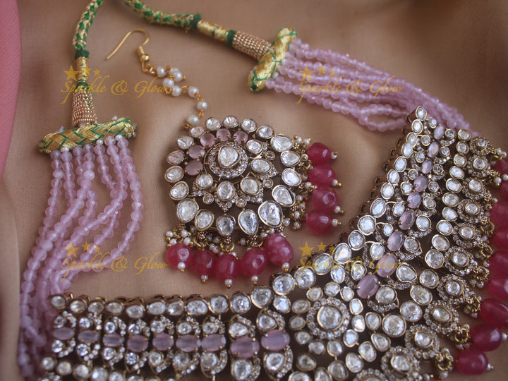 Grand Victorian AD bridal necklace with mang tikka and with baby pink stones and beads - Pink