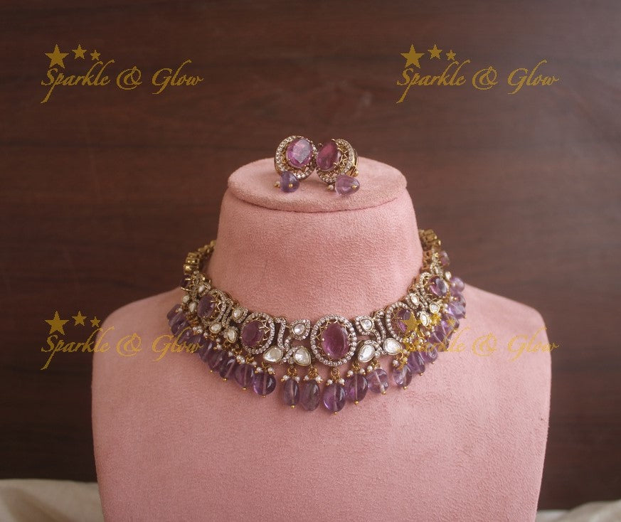 Stunning Victorian AD necklace with Mint Green colour stones and beads