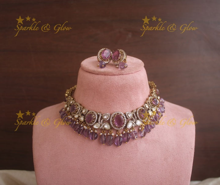 Stunning Victorian AD necklace with Mint Green colour stones and beads