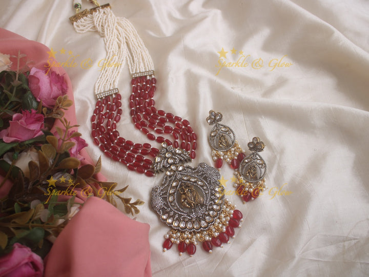 Statement Radha krishna pendent Victorian AD haram with multi layer red beads and pearl chain - red