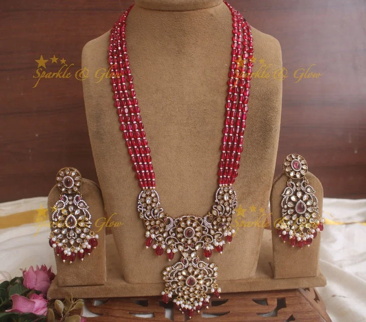 Exquisite grand Peacock pendent Victorian AD haram with multi layer pink beads chain - pink - Sparkle and Glow