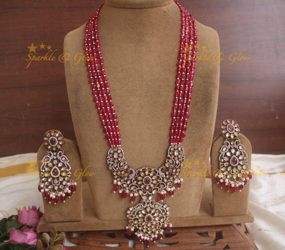 Exquisite grand Peacock pendent Victorian AD haram with multi layer red beads chain - red