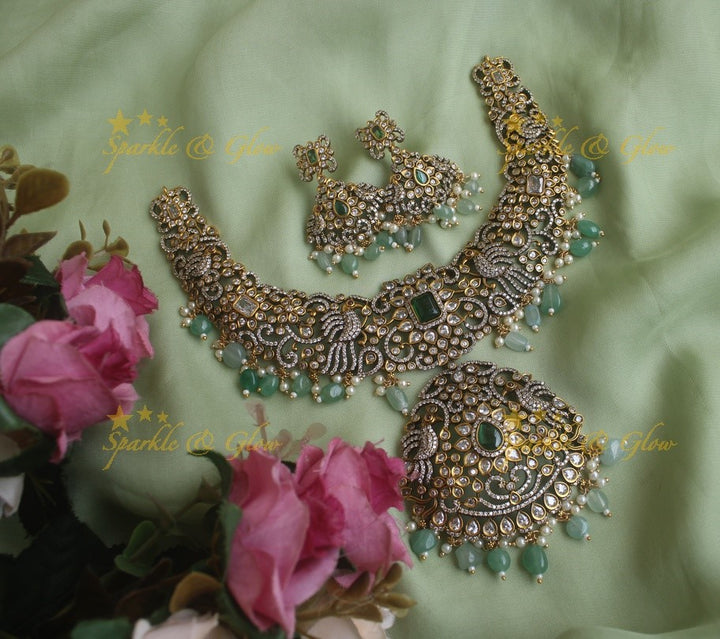 Elegant peacock carved Victorian AD necklace with peach colour beads - peach