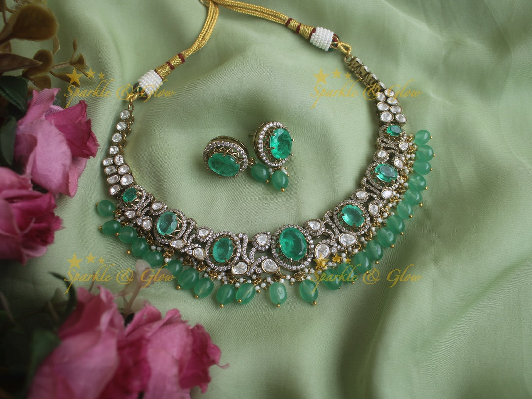 Stunning Victorian AD necklace with Mint Green colour stones and beads