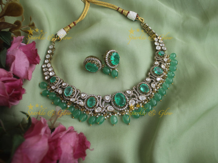 Stunning Victorian AD necklace with Mint Green colour stones and beads
