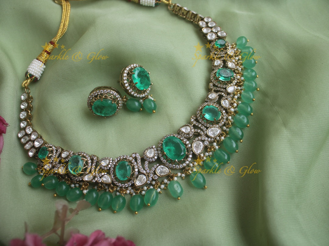 Stunning Victorian AD necklace with Mint Green colour stones and beads