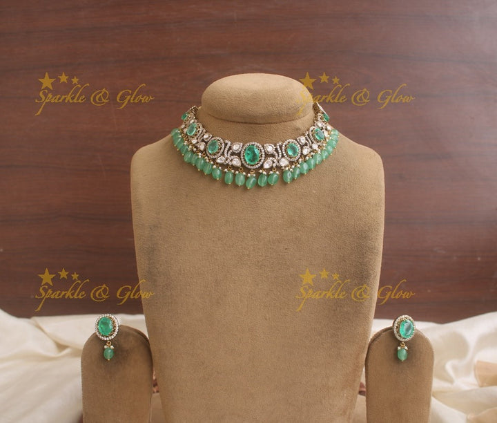 Stunning Victorian AD necklace with Mint Green colour stones and beads