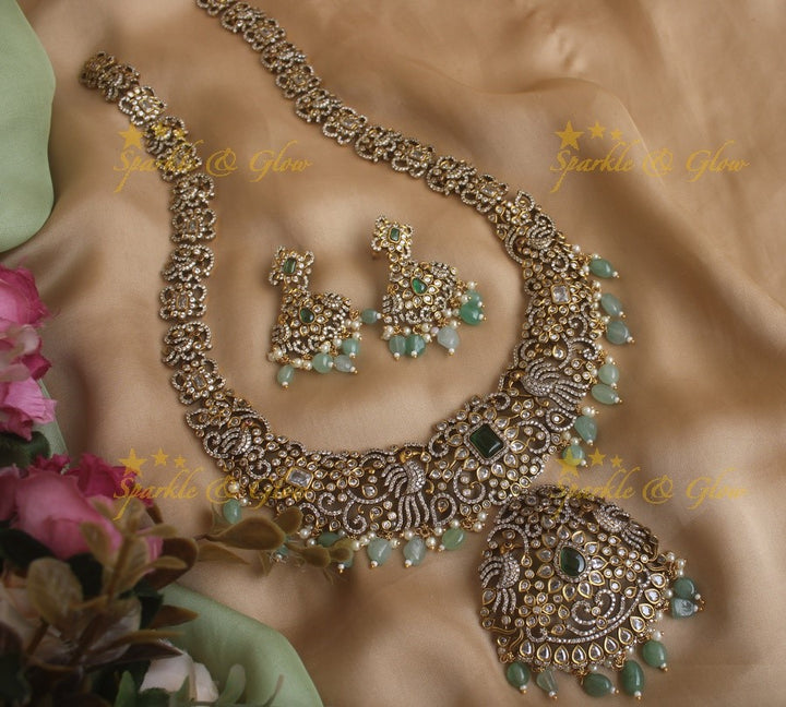 Gorgeous peacock carved Victorian AD haram with with mint green beads - Peach