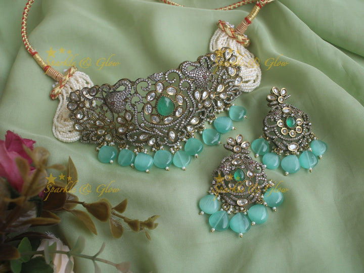 Elegant Elephant carved Victorian AD choker with multi layer pearls and seablue beads -Sea blue