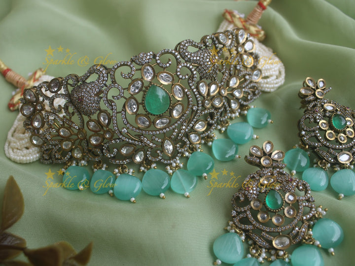 Elegant Elephant carved Victorian AD choker with multi layer pearls and seablue beads -Sea blue