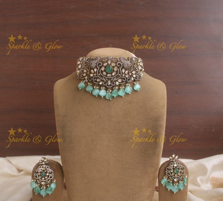 Elegant Elephant carved Victorian AD choker with multi layer pearls and seablue beads -Sea blue