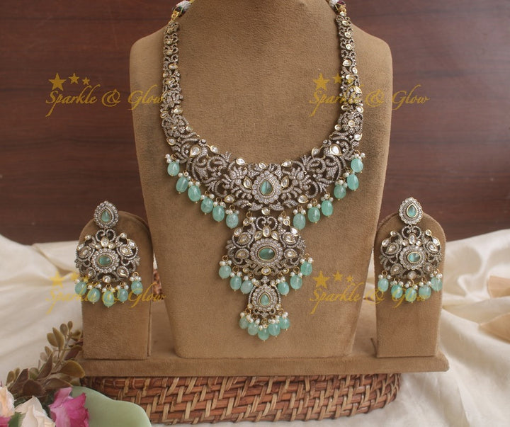 Gorgeous Floral Victorian AD haram with with Sea blue beads
