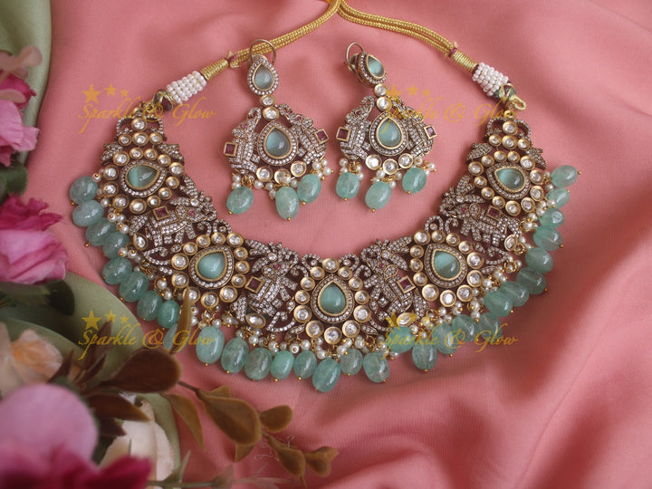 Beautiful Elephant carved Victorian AD necklace with baby pink stones and beads - Baby pink