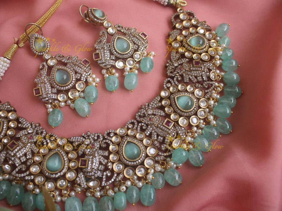Beautiful Elephant carved Victorian AD necklace with sea blue stones and beads - Sparkle and Glow - Back Thread - 