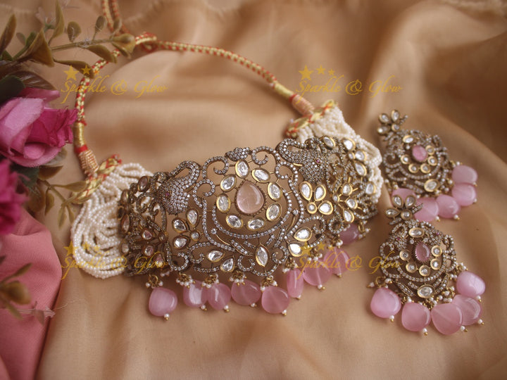 Elegant Elephant carved Victorian AD choker with multi layer pearls and seablue beads -Sea blue