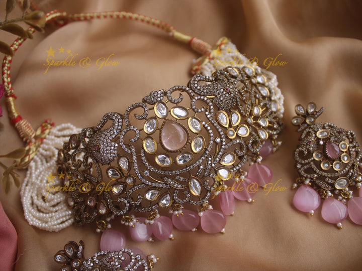 Elegant Elephant carved Victorian AD choker with multi layer pearls and baby pink beads - Baby pink