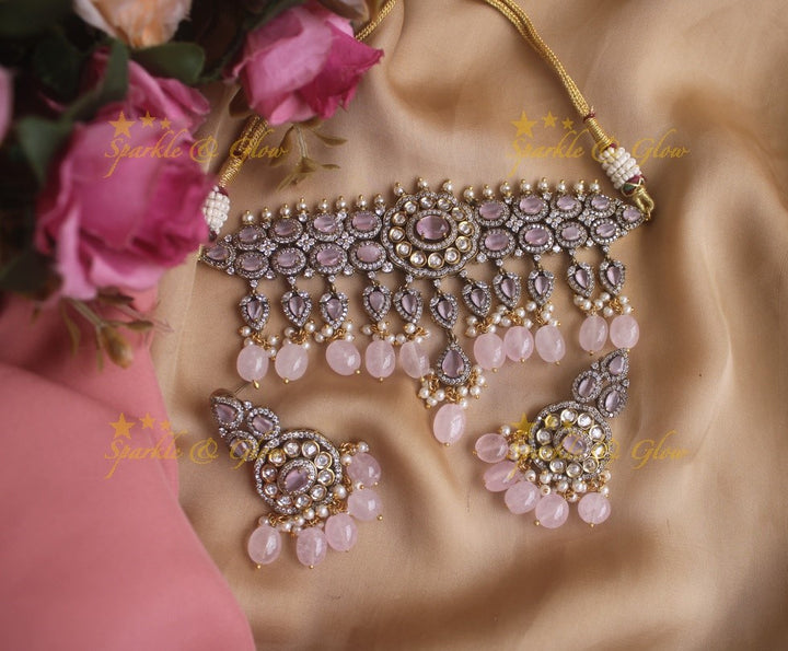 Beautiful Victorian AD choker with pearls baby pink stones and beads - baby pink