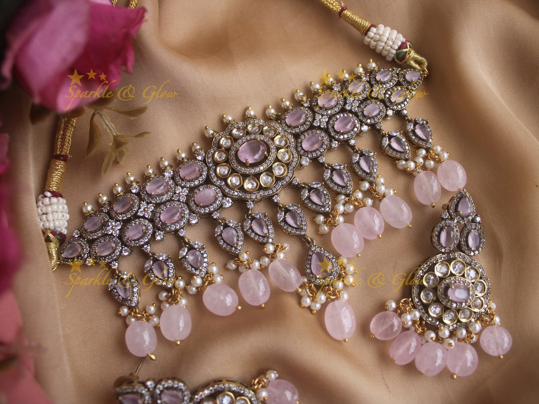 Beautiful Victorian AD choker with pearls baby pink stones and beads - baby pink