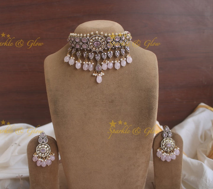 Beautiful Victorian AD choker with pearls baby pink stones and beads - baby pink