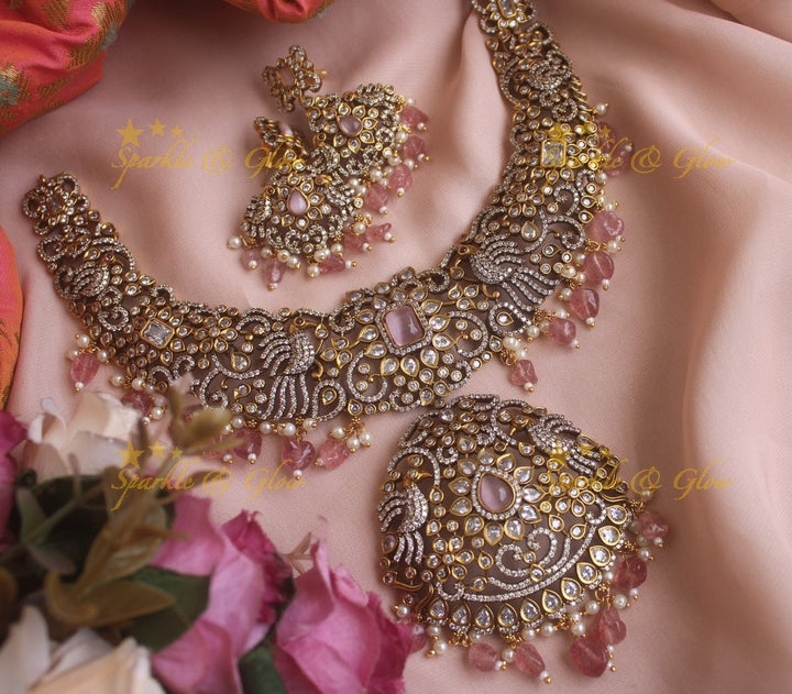 Elegant peacock carved Victorian AD necklace with peach colour beads - peach