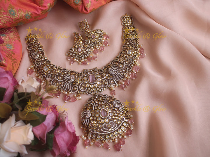Elegant peacock carved Victorian AD necklace with peach colour beads - peach