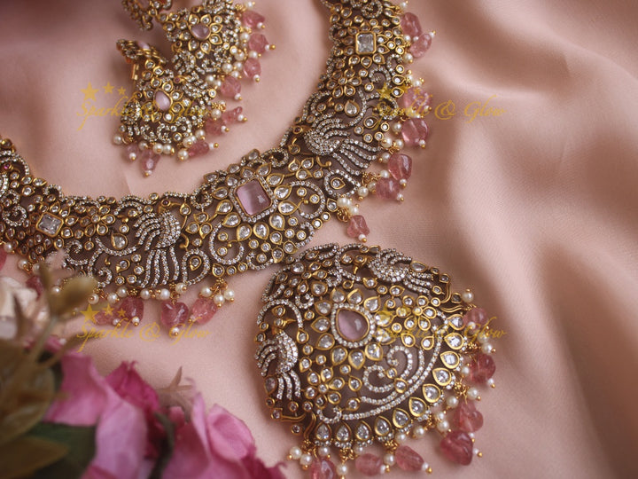 Elegant peacock carved Victorian AD necklace with peach colour beads - peach