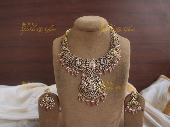 Elegant peacock carved Victorian AD necklace with peach colour beads - peach