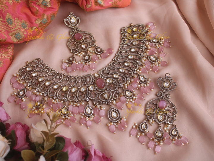 Gorgeous Victorian AD necklace with baby pink colour stones and beads - baby pink