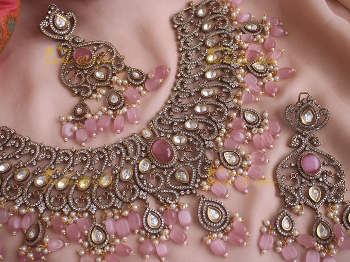 Gorgeous Victorian AD necklace with baby pink colour stones and beads - baby pink