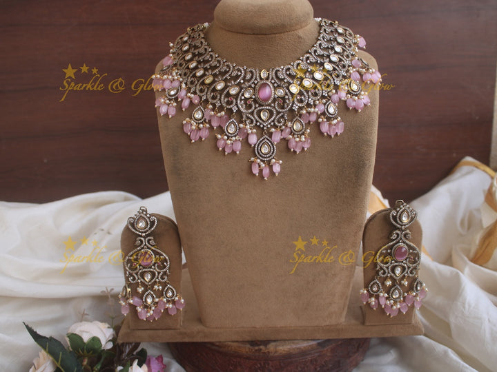 Gorgeous Victorian AD necklace with baby pink colour stones and beads - baby pink