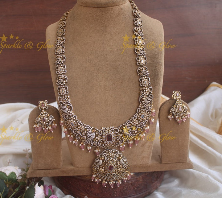 Gorgeous peacock carved Victorian AD haram with with mint green beads - Peach