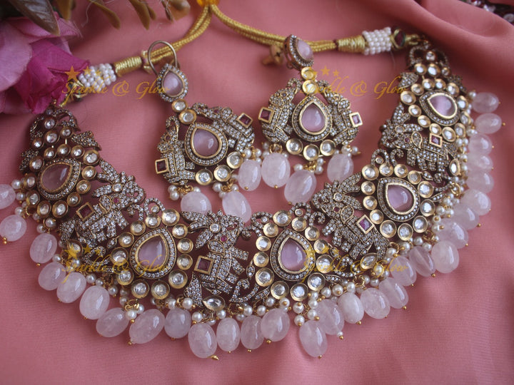 Beautiful Elephant carved Victorian AD necklace with baby pink stones and beads - Baby pink