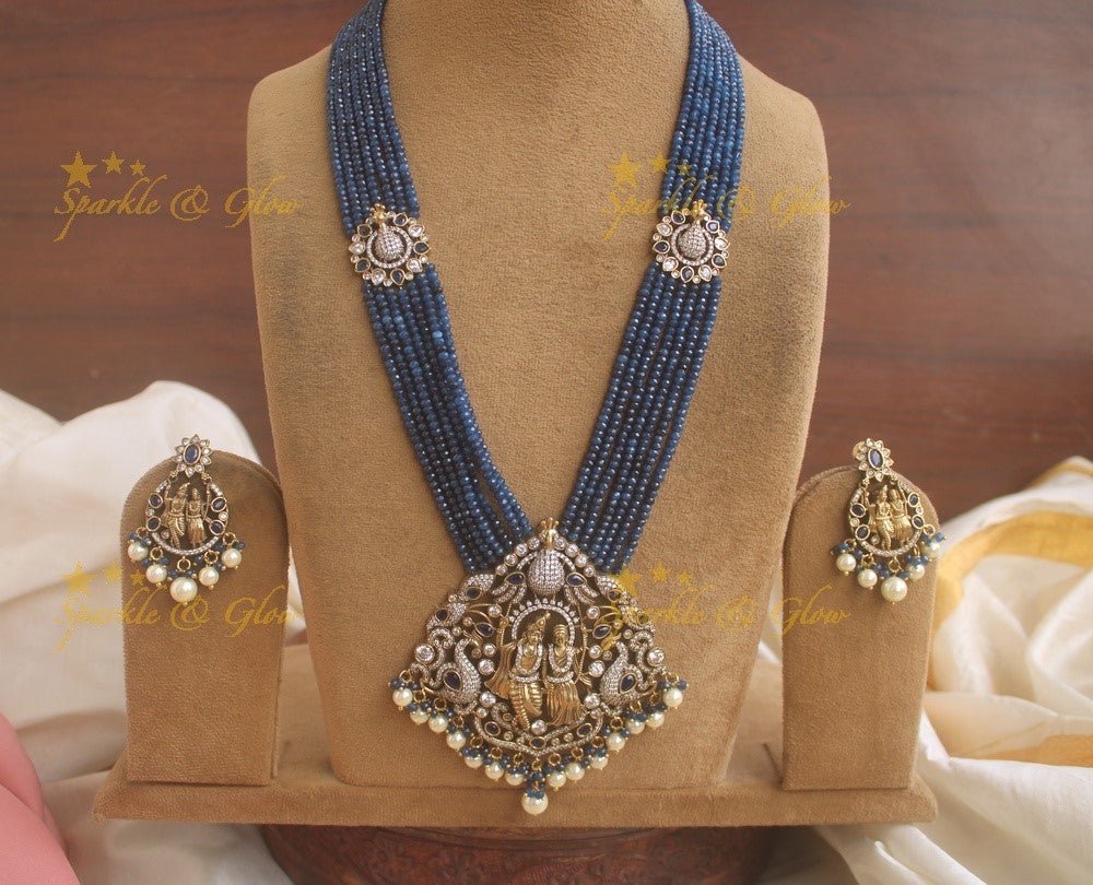 Exquisite Radha Krishna pendent Victorian AD haram with multi layer blue beads chain - Sparkle and Glow - Back Thread - 