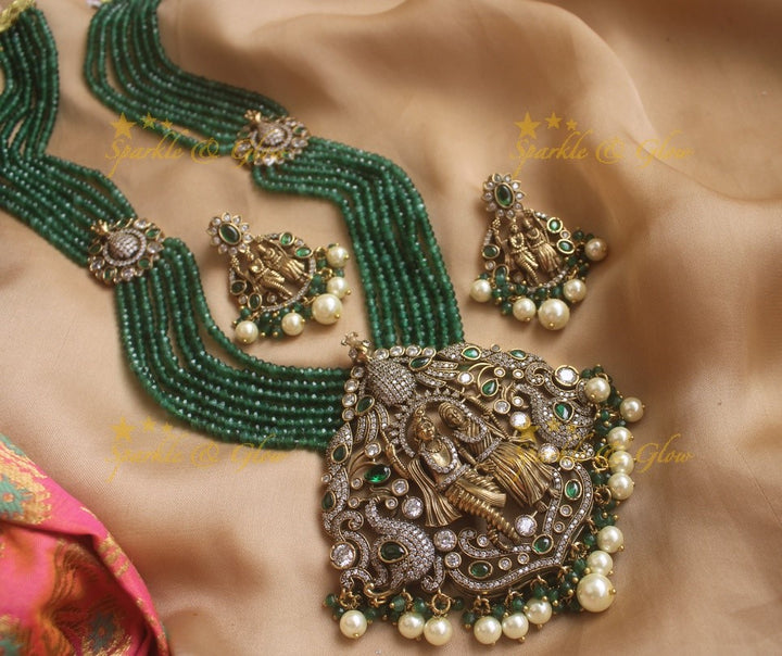 Stunning Radha Krishna pendent Victorian AD haram with multi layer peach beads chain - peach