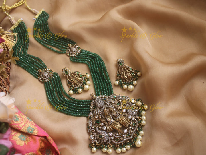 Exquisite Radha Krishna pendent Victorian AD haram with multi layer green beads chain - green