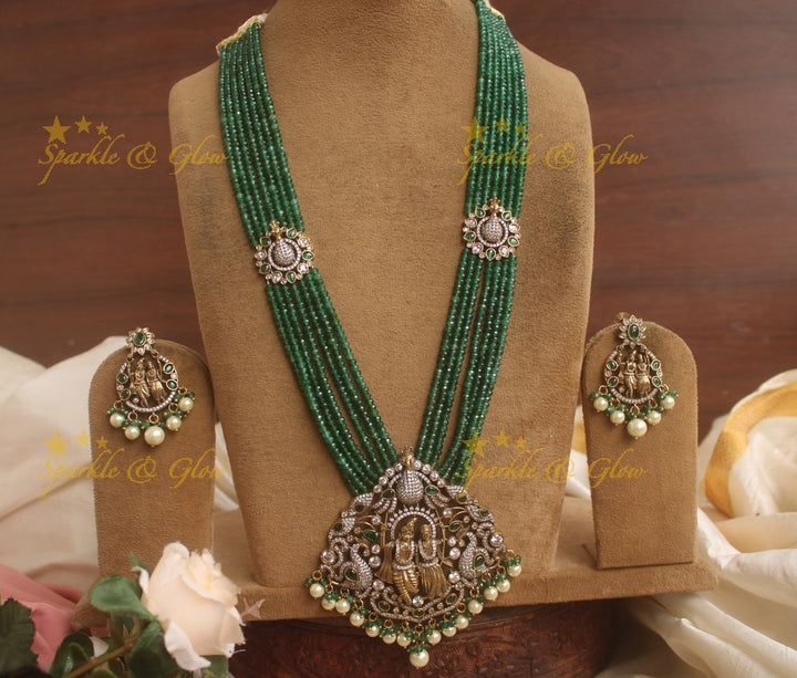 Exquisite Radha Krishna pendent Victorian AD haram with multi layer green beads chain - green
