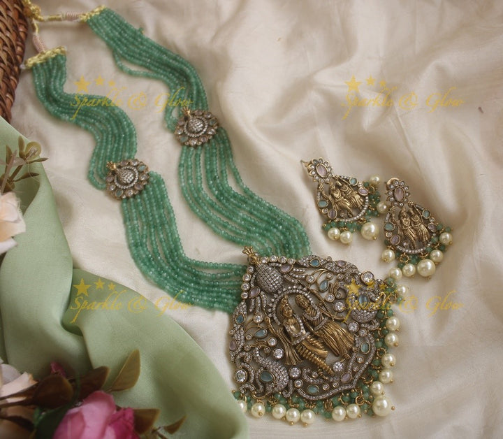 Statement Radha Krishna pendent Victorian AD haram with multi layer mint green beads chain -  mint green