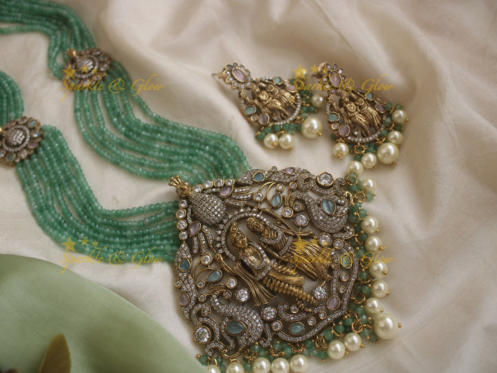 Statement Radha Krishna pendent Victorian AD haram with multi layer mint green beads chain -  mint green