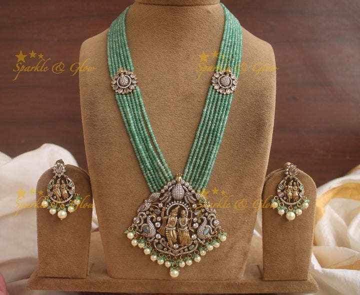 Statement Radha Krishna pendent Victorian AD haram with multi layer mint green beads chain -  mint green