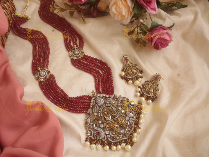 Stunning Radha Krishna pendent Victorian AD haram with multi layer peach beads chain - peach