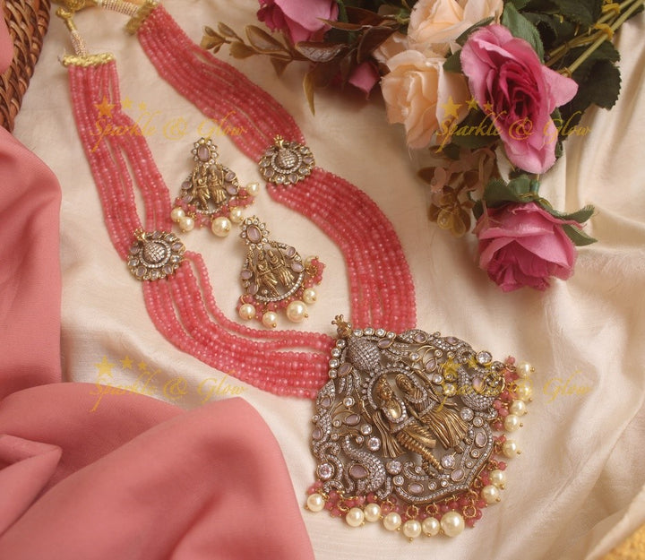 Statement Radha Krishna pendent Victorian AD haram with multi layer mint green beads chain -  mint green