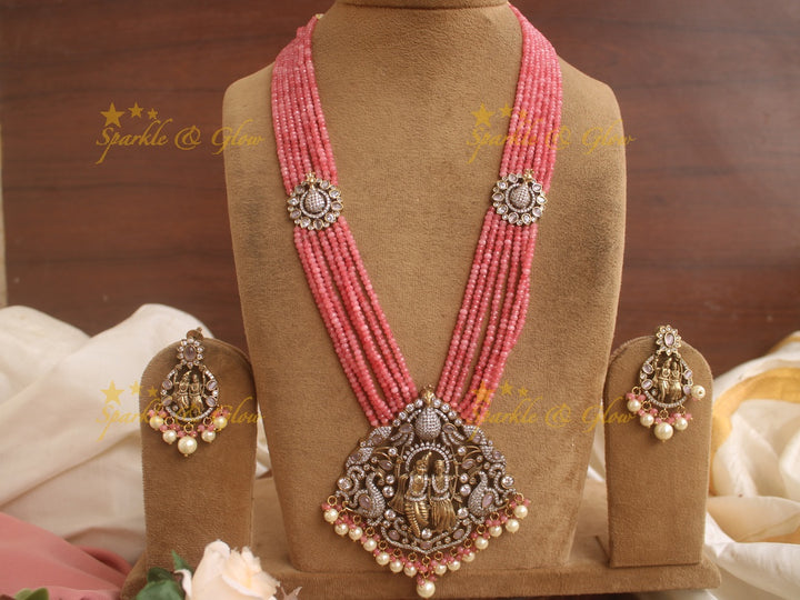 Stunning Radha Krishna pendent Victorian AD haram with multi layer peach beads chain - peach