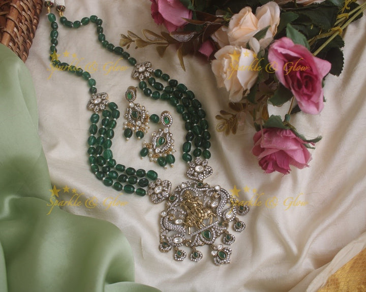 Beautiful Krishna playing flute pendent Victorian AD haram with layered multi colour beads chain - multi