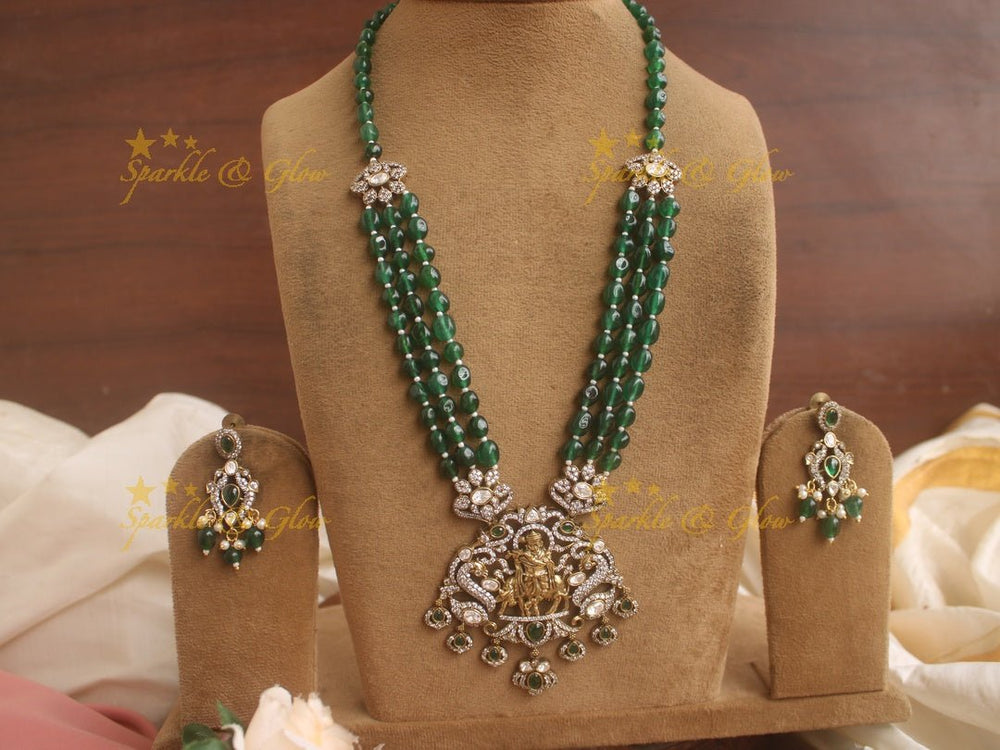 Elegant Krishna playing flute pendent Victorian AD haram with multi layer green beads chain - Sparkle and Glow - Back Thread - 