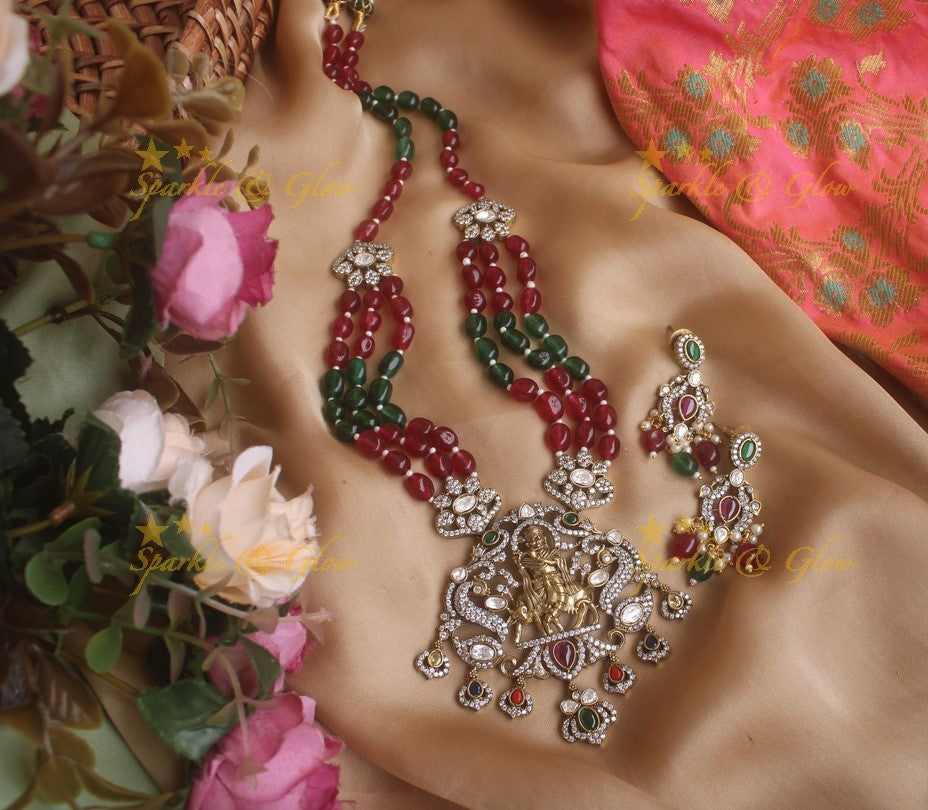 Beautiful Krishna playing flute pendent Victorian AD haram with layered multi colour beads chain - multi