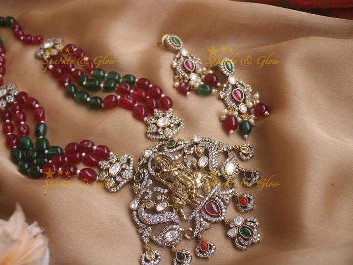 Beautiful Krishna playing flute pendent Victorian AD haram with layered multi colour beads chain - multi