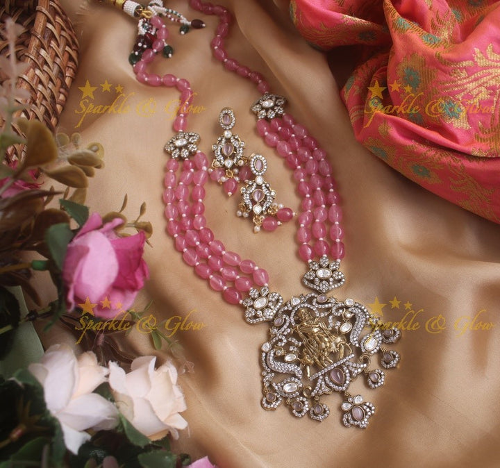 Exquisite Krishna playing flute pendent Victorian AD haram with multi layer red beads chain - red