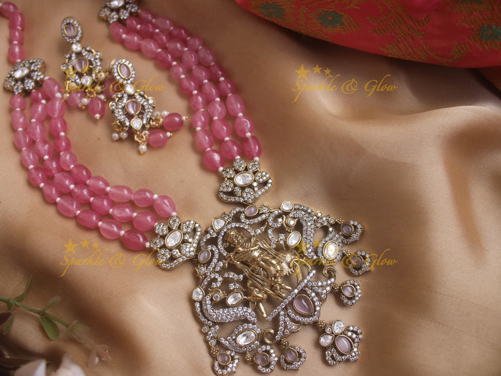 Beautiful Krishna playing flute pendent Victorian AD haram multi with layer pink beads chain - pink