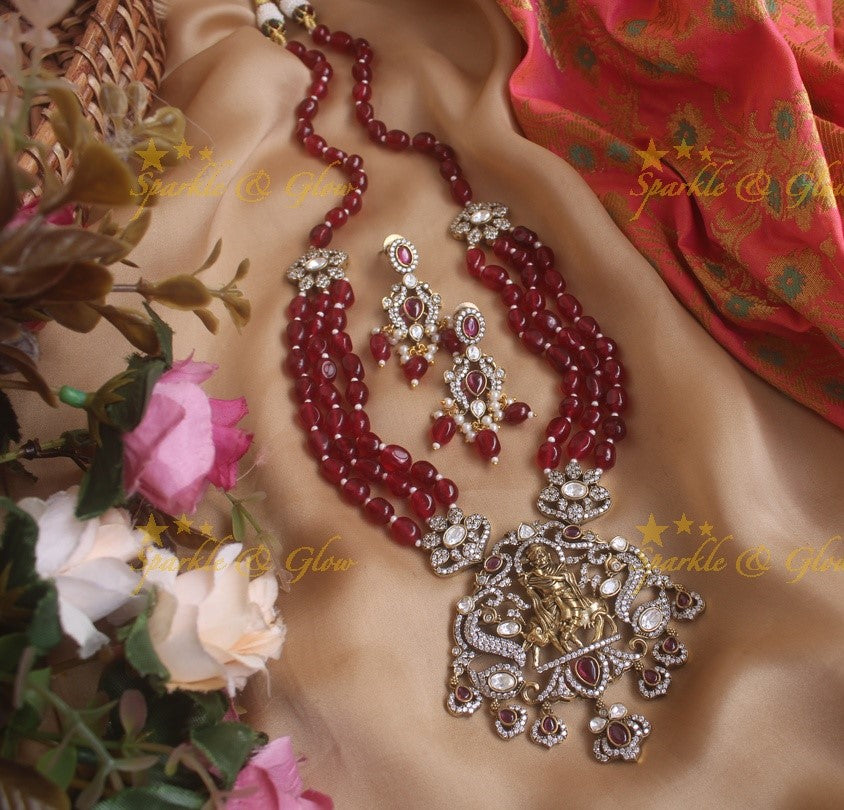 Beautiful Krishna playing flute pendent Victorian AD haram with layered multi colour beads chain - multi