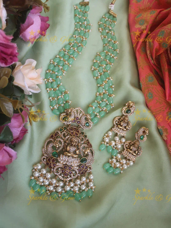 Gorgeous Lakshmi pendent with ruby emerald multi layer beads chain Victorian AD haram - baby pink - Sparkle and Glow